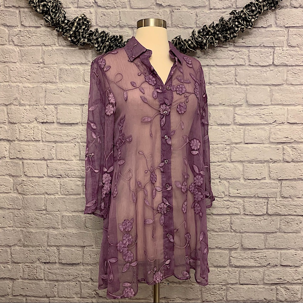 ❗️3/$20❗️Cupio Embroidered Tunic Length Semi Sheer Blouse